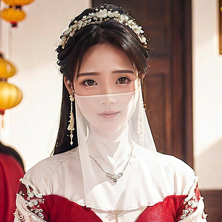 Head close-up(((Eyes are very delicate)))(((hair accessories)))(((veil))),necklace,Wearing a white transparent sexy silk dress, ((skin glowing))The room is filled with Chinese New Year decorations(((masterpiece))), ((best quality)), ((intricate details)), ((Surreal))(8K)