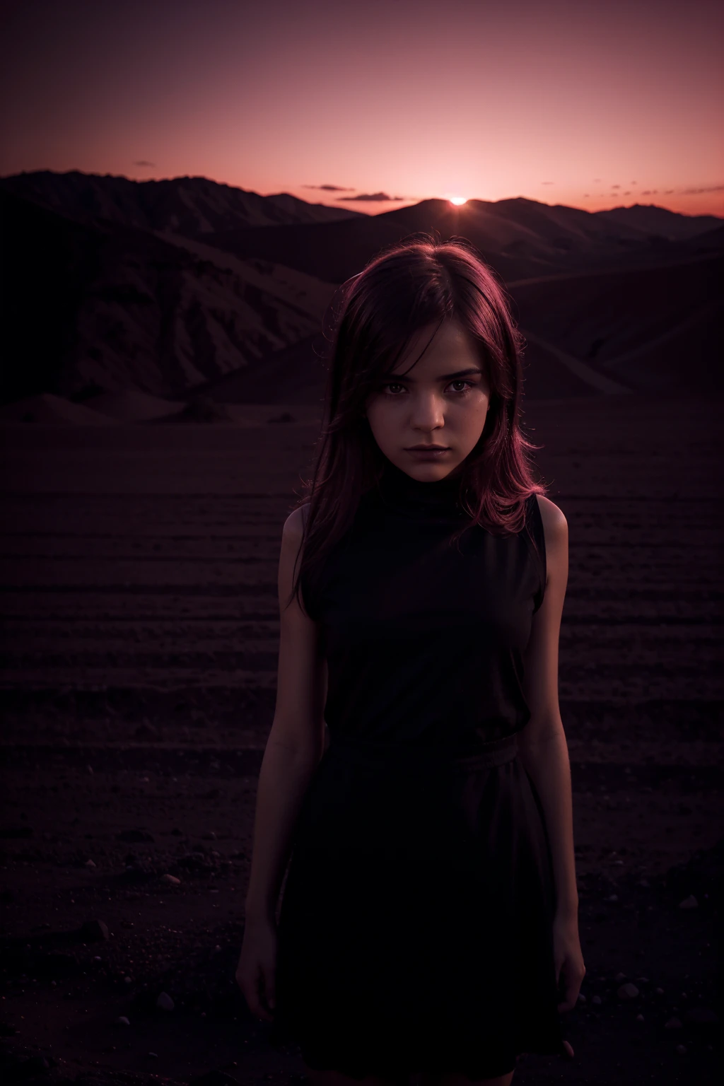 a sunset and a pink line in the desert in the style of ominous vibemonochromatic artworks,felicia simion,digital art techniques light black and magenta,tumblewavelight black and orange--q2--s750--v 5.