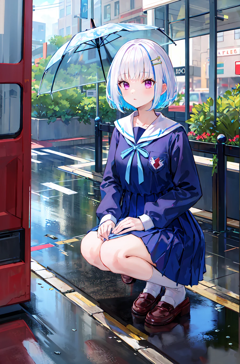 masterpiece, best quality, highres, lh1, hairclip, short hair, white sailor collar, blue shirt, long sleeves, blue ribbon, , serafuku, Raining, Umbrella, Puddle of water underfoot