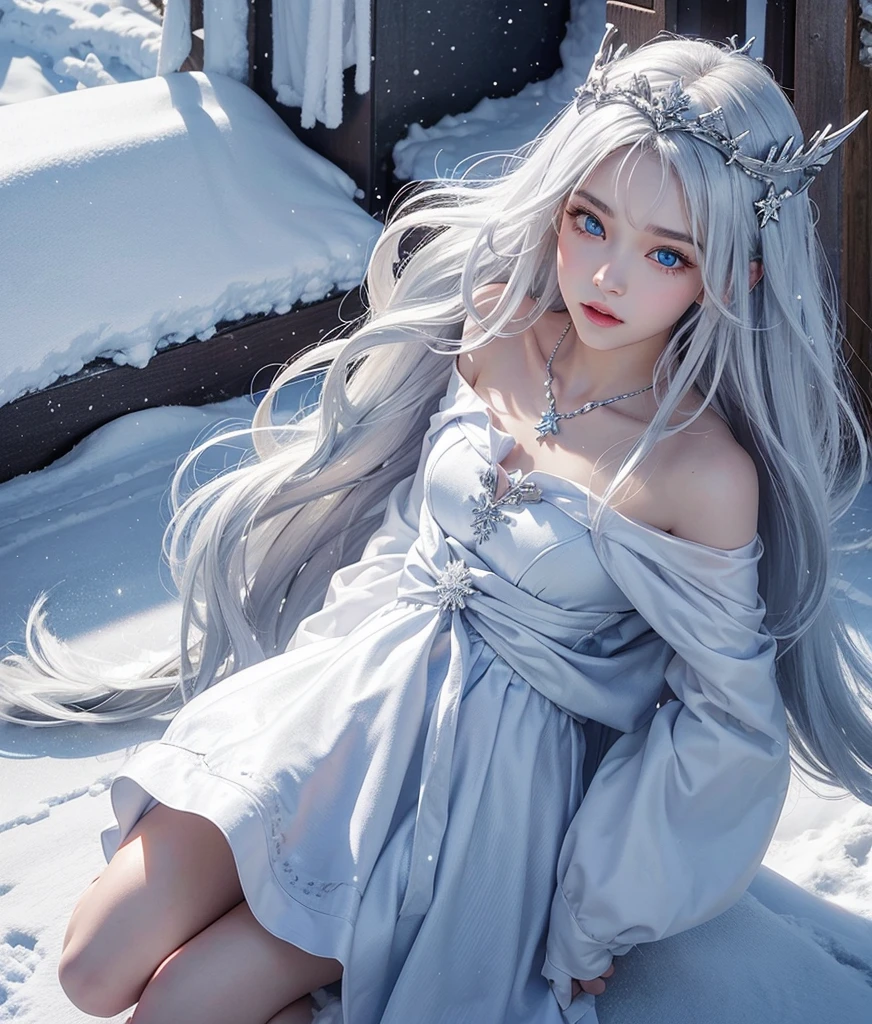 The best texture, High quality, Ultra HD, 8K, full body photo, panoramic shot, snow, flying snowflakes, dancing in the snow, girl, Filled with silver jewelry, Meow clothes, silver phoenix crown, watermelon seed face, ใบหน้าที่มีHighly detailed, blue eyes, Long eyebrows, white skin, long silver hair, Long, flowing hair, Rise with the wind, snowflake colorful gifts, realistic, very detailed, Highly detailed, extra clear,
