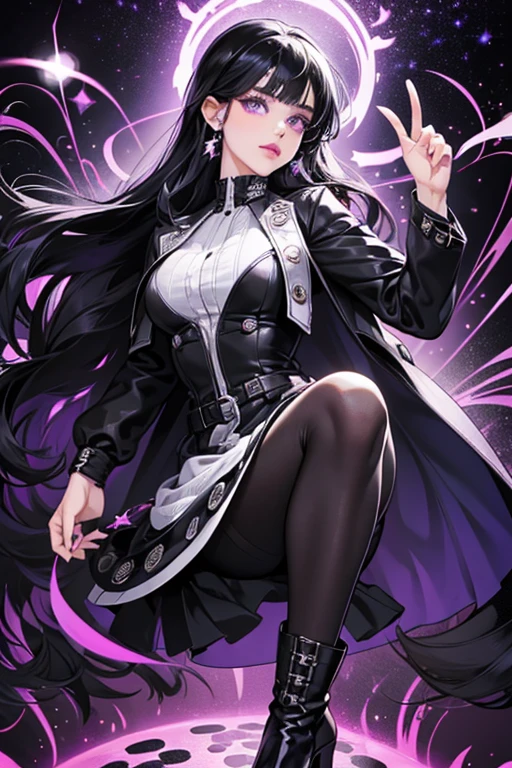 Groovy Babe has fair skin, violet eyes, and very long white and black hair. She also has white nail polish, pale pink lipstick and light blue eyeshadow.
She wears a black and white dress with a wavy pattern, a black and white jacket with an paisley pattern, black leggings with white polka dots, and black boots with black-and-white-striped heels.
When she is exposed to black light, Groovy Babe's hair, lips, and clothes light up. Additionally, swirls appear on her eyes, giving her a hypnotic vibe. SPARKLE; GLITTER