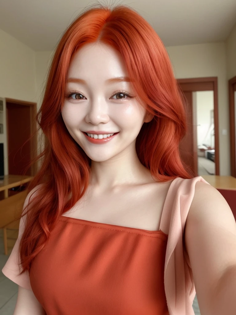 Selfie red haired Korean woman smiling