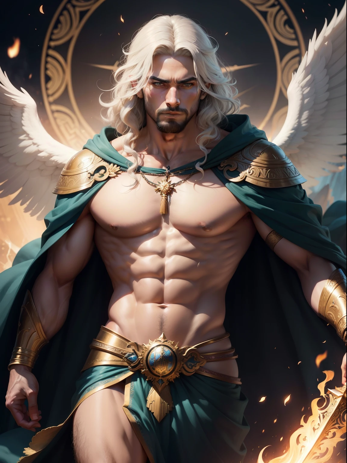 (obra de arte) crie um retrato ultra realista de um deus alado masculino forte e bonito. The god must have a confident and powerful expression on his face, with piercing eyes that convey their strength and wisdom. Seu cabelo deve ser longo e solto, e sua pele deve ser lisa e perfeita.Regarding clothing, the god must be adorned with regal and luxurious clothes like the Greeks, perhaps with a long flowing cloak that ripples behind him in the wind. Ele deveria estar carregando algum tipo de arma, perhaps a sword of light or a spear of fire, to signify his strength and power. The general mood of the image should be one of admiration and reverence, com o deus retratado de uma maneira majestosa e semelhante a um deus. The background of the image should be epic and grandiose, talvez com nuvens ou montanhas ao longe para enfatizar ainda mais a estatura divina do deus. The final image must be inspiring and leave the viewer in no doubt about the power and majesty of the god.. 3D rendering, octane rendering, cinematic, trends on Artstation | isometric | Centered hyperrealistic cover photo in stunning colors, , hand drawn, escuro, corajoso, muito realista, Klimt, provocando .12 mil, intrincado. High definition , cinematic,Approximate sketch, mix of bold escuro lines and loose lines, linhas em negrito, no papel , corpo inteiro com vestido de seda, Humanoid, corpo todo