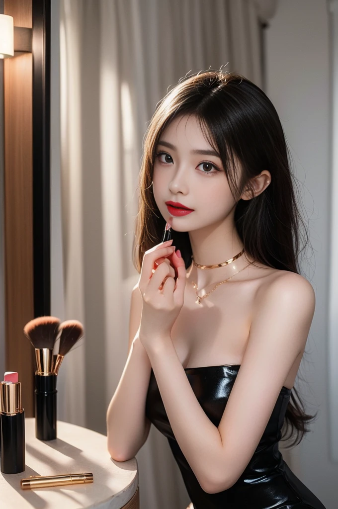 ((top quality, 8K, masterpiece: 1.3)), lens flare, full body shot, indirect lighting, (a little smile : 1.3), ((1 woman, 20 years old), (beauty: 1.4), slim body, realistic skin, ((black medium hair : 1.3), (strapless mini dress, long legs, see-through pantyhose, choker necklace, precious metals, high heels), (Make-up room, closet, footboard, powder room), (The woman applies lipstick to her lips in a pose that faces the makeup mirror, lowers her upper body and puts her hips back) , very detailed look, very detailed lips, detailed eyes, precise gaze, beautiful student, Clear eye line, abundant eyelashes, double eyelid, detailed fingers, detailed legs, natural anatomy, cosmetics pouch, flour, cosmetics, Nail art, feminine accessories