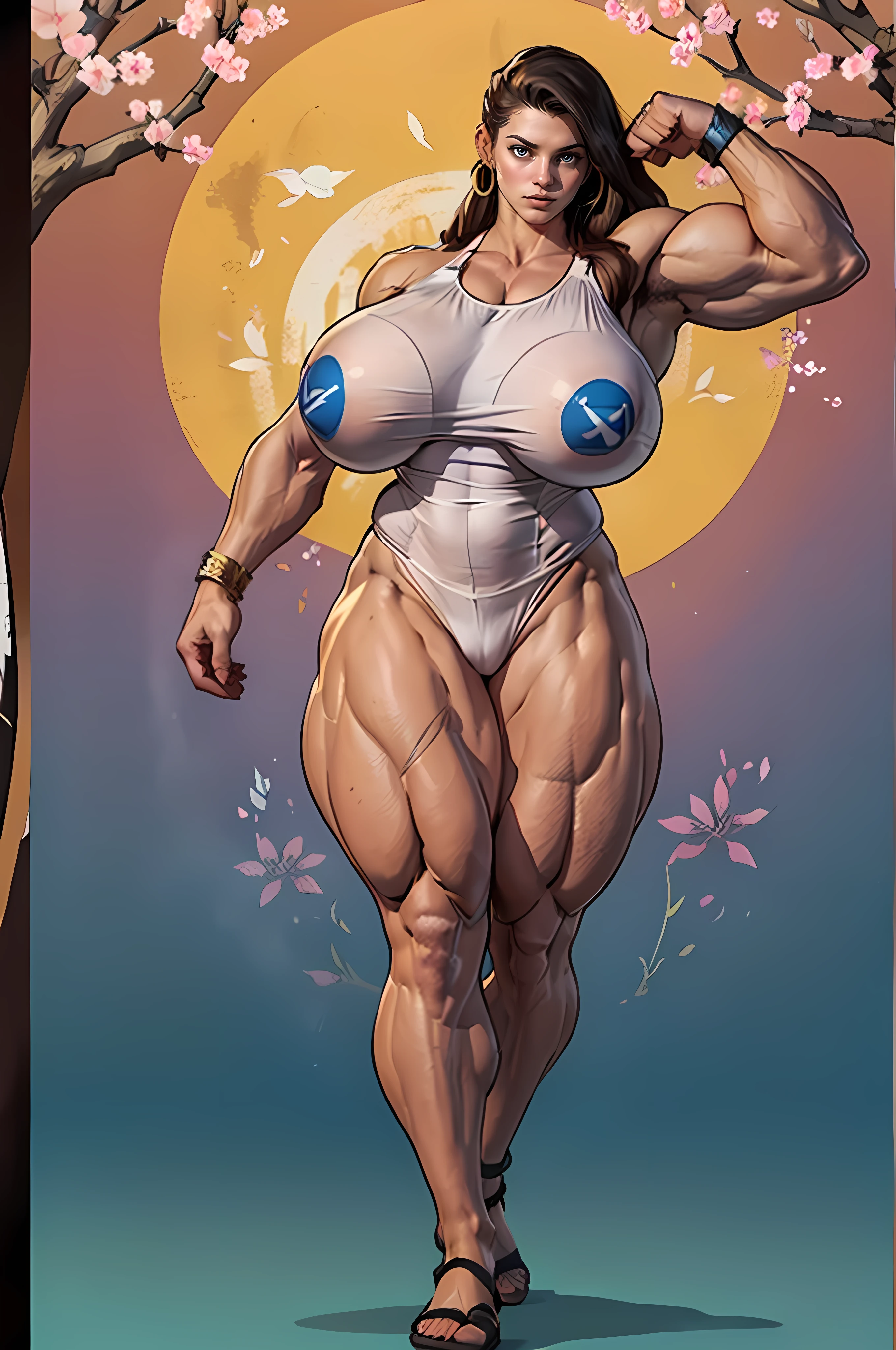 ((masterpiece)), Sakura from street fighter, 1girl, woman with brown skin, makeup, earrings, direct look, long hair, solid background, ((Tall:1.3)), (Massive Female Bodybuilder:1.4), (Huge breasts:2), ((long legs:1.3)), full body, (((NSFW:0.9))),