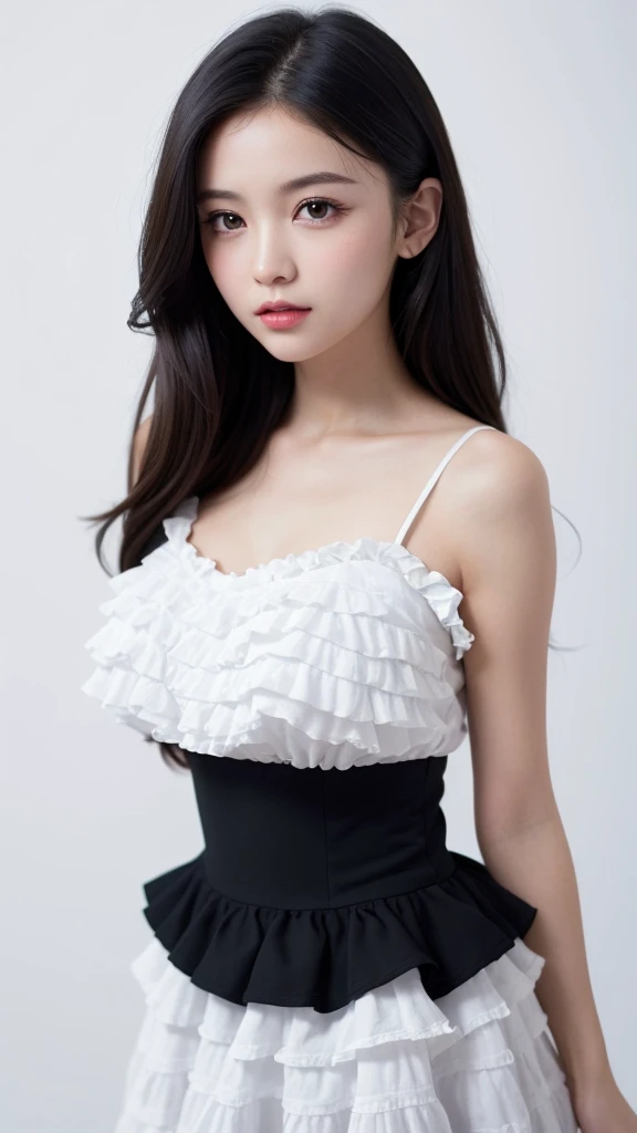 (((forehead、Northern Europe、White people、beautiful girl、Black Hair、White background、Frills、race)))、table top, highest quality, figure, super detailed, finely, High resolution, 8k wallpaper, Perfect dynamic composition, detailed and beautiful eyes, Deco out,bionde, medium hair, super big breasts, Natural color lip,white background, random cute poses,frill dress
