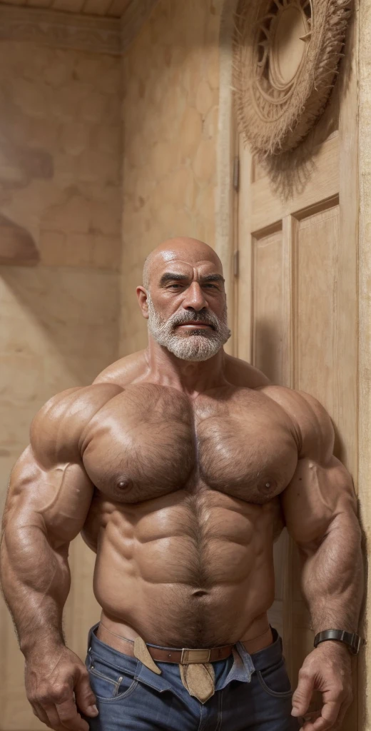 A handsome mature old Assyrian dad with a massive beard and no shirt standing in front of a door,bald head,hyper muscular, pumped, roids, huge pecs, arms, biceps, shoulders, male focus, centered, tan skin, dom, meticulous muscle definition, detailed face, big sexual energy, (60 years old)