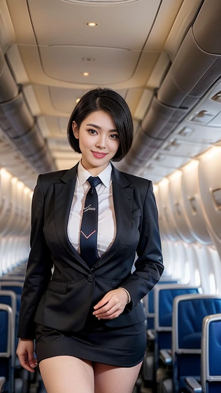 1beautiful womanl, 28years、hyperdetailed face、Detailed lips、A detailed eye、double eyelid、(Black bob hair、Smiling while walking gracefully down the aisle)、(Stewardess uniform:1.2)、((beautiful tie)) (Glamorous body)、(Colossal tits)、((short-cut hair))、(large full breasts)(big butts)(Plump body)(plump body shape)( large full breasts)(Colossal tits)((J-Cup))、highs thighs thighs thighs, Perfect fit, Perfect image realism, Background with: (Business Class aisle on airplanes:1.2), Cowboy Shot, Meticulous background, detailed costume, Perfect litthing、Hyper-Realism、(Photorealsitic:1.4)、8K maximum resolution, (masterpiece), ighly detailed, Professional