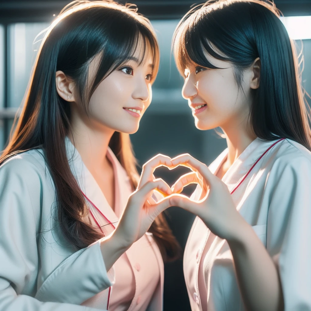 Beautiful Japanese female doctor wearing (white labcoat) and teal scrubs making (heart hands duo) gesture with cute Japanese female nurse wearing pink nurse uniform , beautiful detailed face, Japanese woman, pale skin, realistic skin, detailed cloth texture, detailed hair texture, Perfect proportion, Beautiful Face, accurate, Anatomically correct, Highly detailed face and skin texture