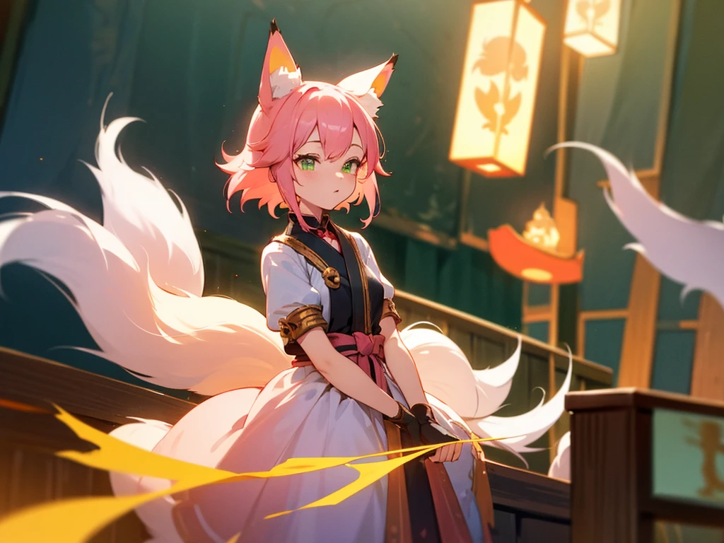 kitsune idol in a tavern, foxgirl, fox ears, fox tails, pink hair, green eyes, light blue idol dress, tavern background, high quality, masterpiece