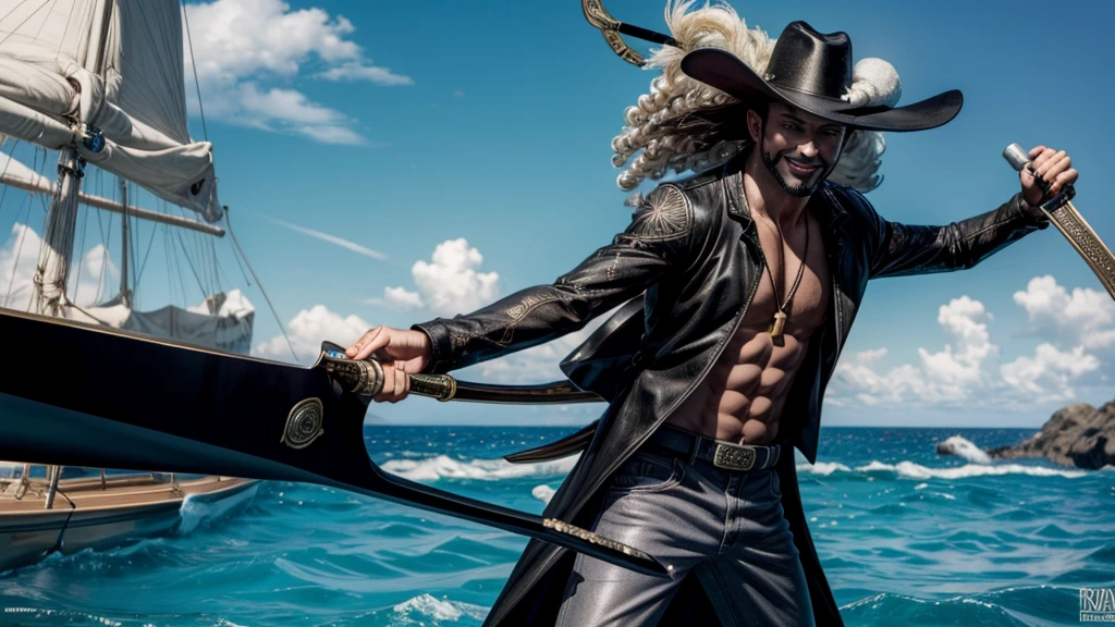 masterpiece, best quality, extremely detailed, hyperrealistic, photorealistic, a cool 40s man, ultra detailed face:1.3, black hat with feathers, on detailed yacht, sea, laughing, standing, dynamic pose, holding long black sword
