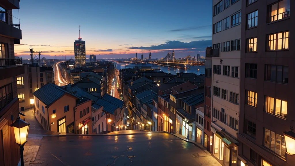 improve image quality and add city to the background