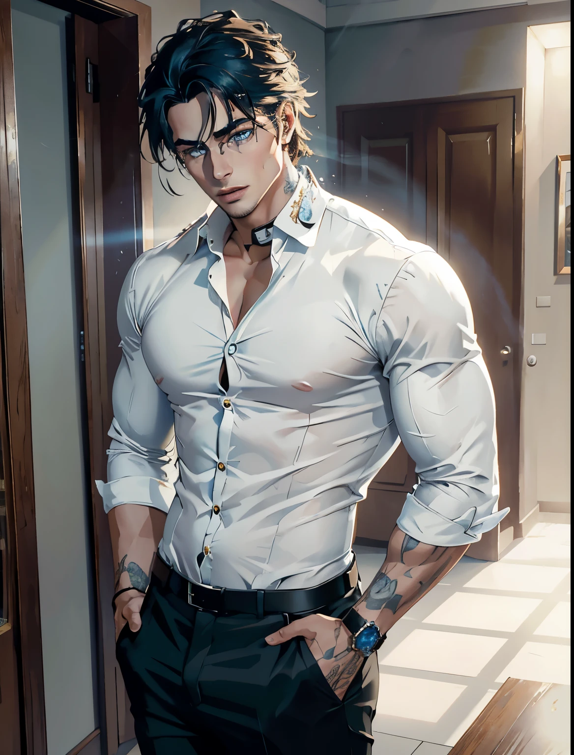 8K, complex, elegant, Highly detailed, majestic, digital photography, surreal painting, defeat magic, Sinuous Lightning, (masterpiece, Side light, fine and beautiful eyes: 1.2), HDR, (bright blue eyes)), Naked upper body, (bright tattoo), handsome boy, cana, musculature, black skin, demon horn, Raining, handsome, in front of camera, masterpiece