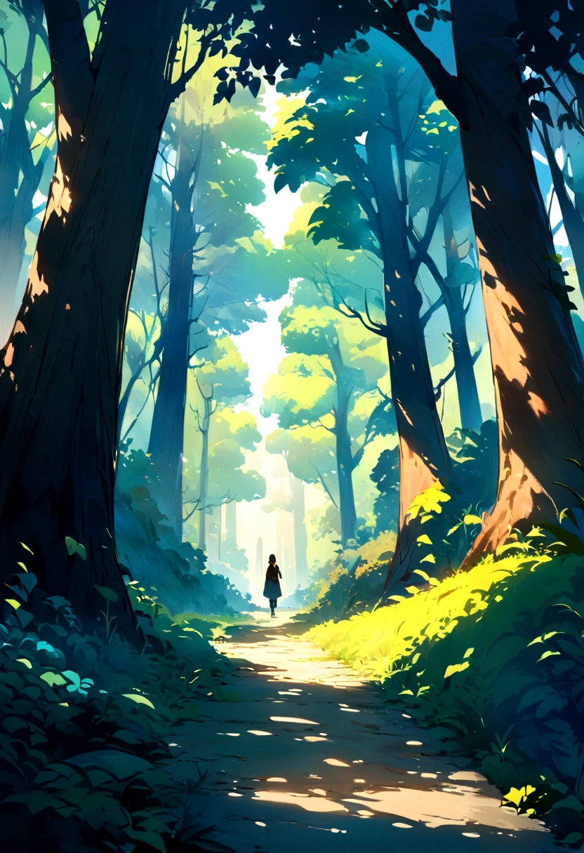 (Best Quality,high resolution:1.2),Detailed trail leading to the forest,Lush green landscape,Tall trees and dense foliage,Sunlight casts soft rays through the leaves,serene and peaceful environment,clear blue sky with white fluffy clouds,crunching of leaves underfoot,surrounded by the sounds of nature,Stunning landscape,vivid colors,Paint-like texture and style,Harmonious mix of warm and cold tones,Subtle play of light and shadow.