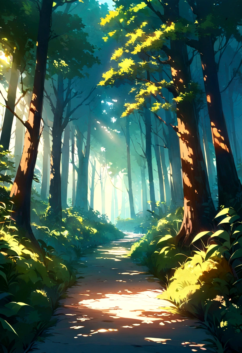 (Best Quality,high resolution:1.2),Detailed trail leading to the forest,Lush green landscape,Tall trees and dense foliage,Sunlight casts soft rays through the leaves,serene and peaceful environment,clear blue sky with white fluffy clouds,crunching of leaves underfoot,surrounded by the sounds of nature,Stunning landscape,vivid colors,Paint-like texture and style,Harmonious mix of warm and cold tones,Subtle play of light and shadow.