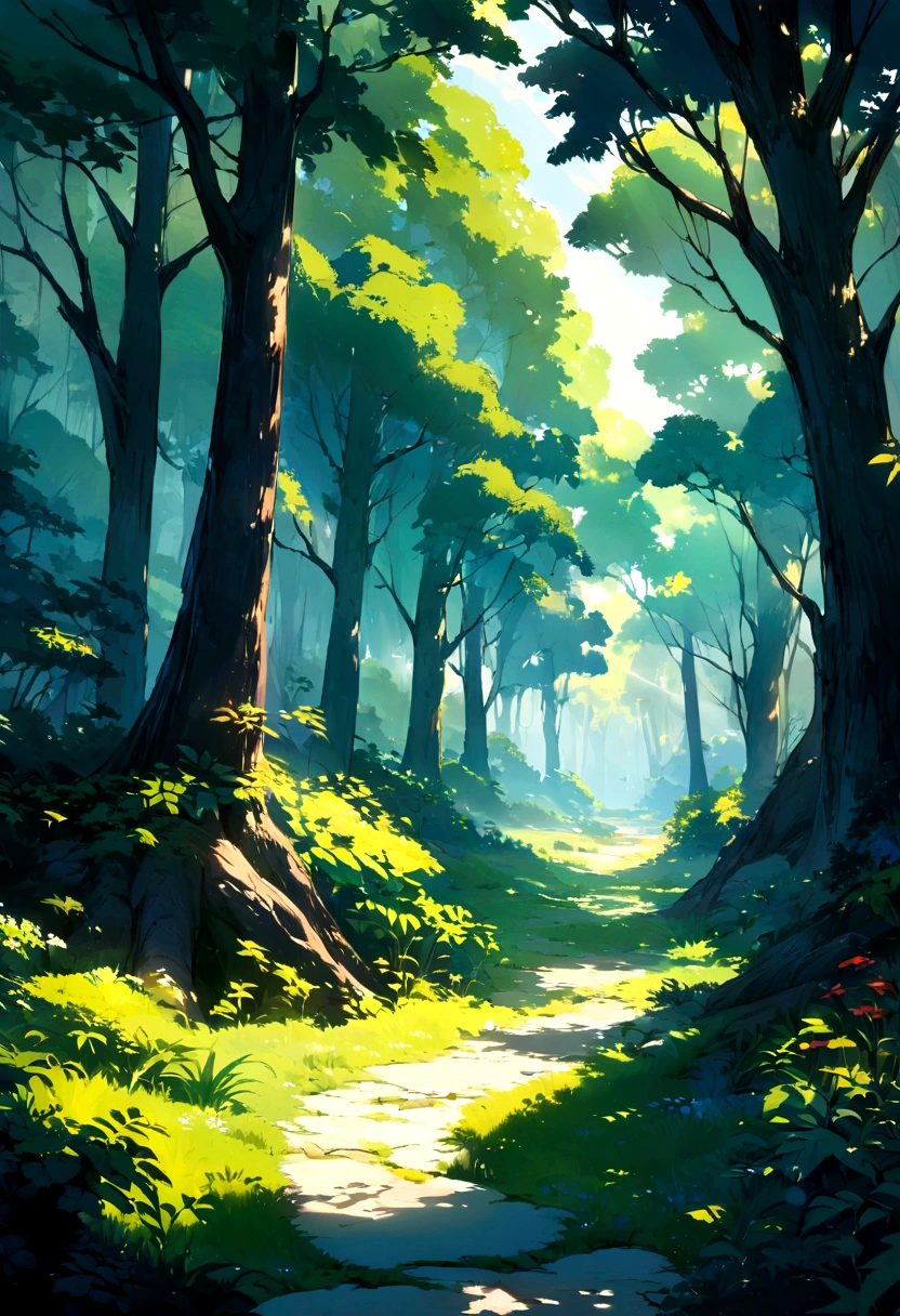 (Best Quality,high resolution:1.2),Detailed trail leading to the forest,Lush green landscape,Tall trees and dense foliage,Sunlight casts soft rays through the leaves,serene and peaceful environment,clear blue sky with white fluffy clouds,crunching of leaves underfoot,surrounded by the sounds of nature,Stunning landscape,vivid colors,Paint-like texture and style,Harmonious mix of warm and cold tones,Subtle play of light and shadow.
