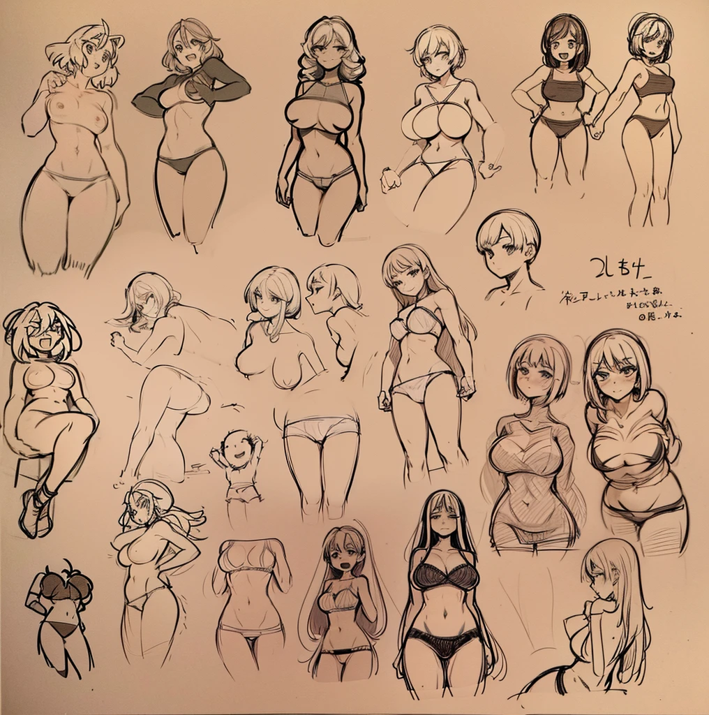 a few cartoon images of the same female character that i'm not sure what this is, a young girl touching her stomach and her breasts, a collection of sketches of several women, two pages show a woman in underwear next to another girl wearing a thongy panties