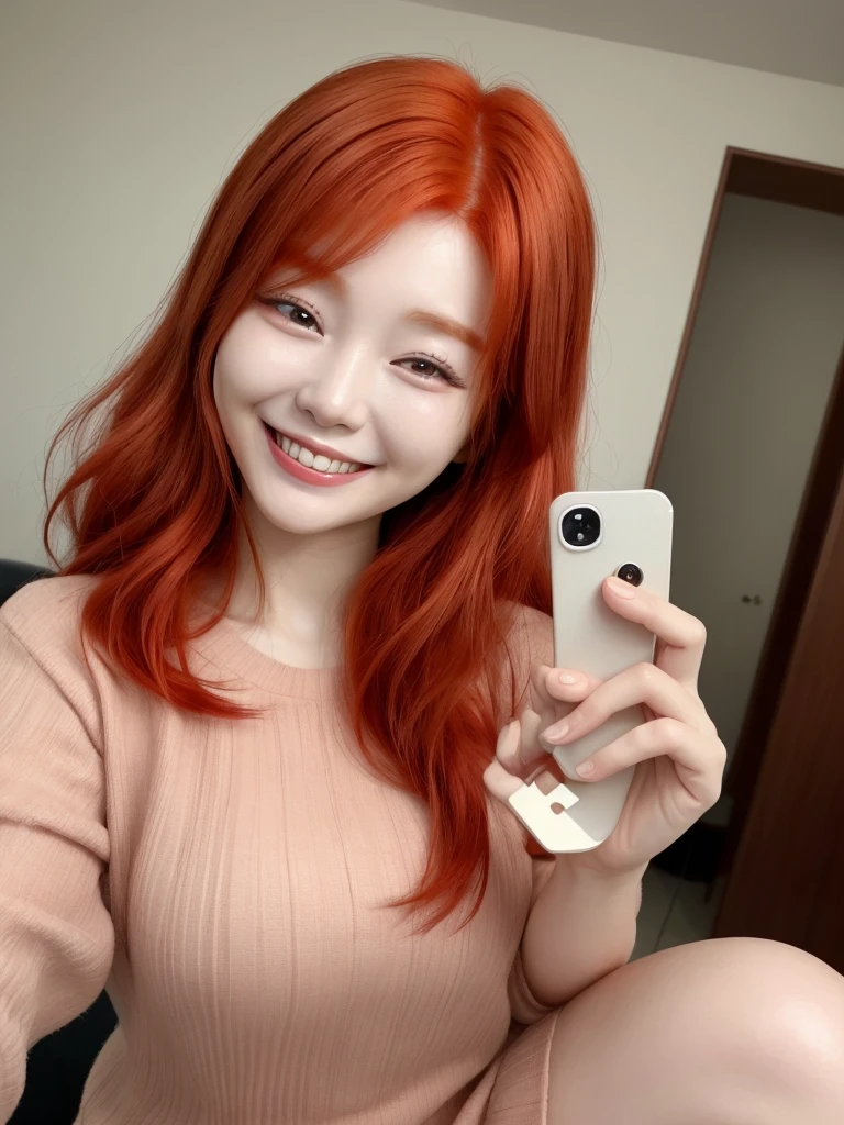 Selfie red haired Korean woman smiling