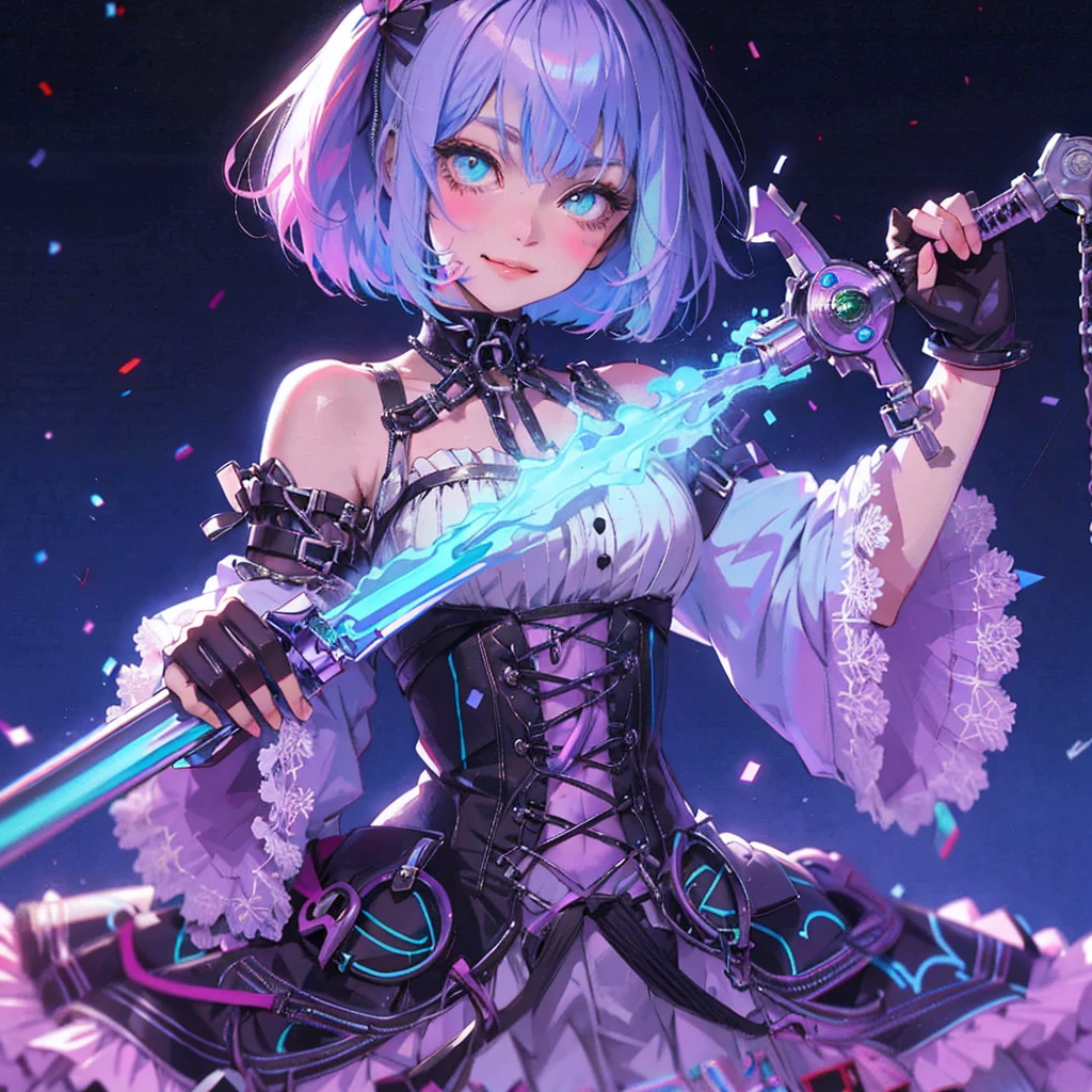 anime slim girl with a cap and a mask, thin face, holding a spray can, green messy hair, street background in neon pink and blue colors, stickers, smirk face, harley vibe, bad girl, very clear smooth face cheeks, pretty bbgirl face