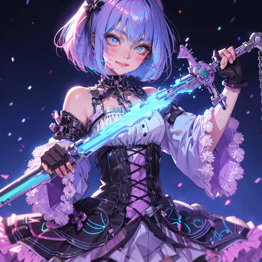 anime slim girl with a cap and a mask, thin face, holding a spray can, green messy hair, street background in neon pink and blue colors, stickers, smirk face, harley vibe, bad girl, very clear smooth face cheeks, pretty bbgirl face