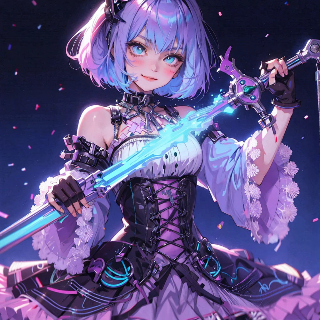 anime slim girl with a cap and a mask, thin face, holding a spray can, green messy hair, street background in neon pink and blue colors, stickers, smirk face, harley vibe, bad girl, very clear smooth face cheeks, pretty bbgirl face