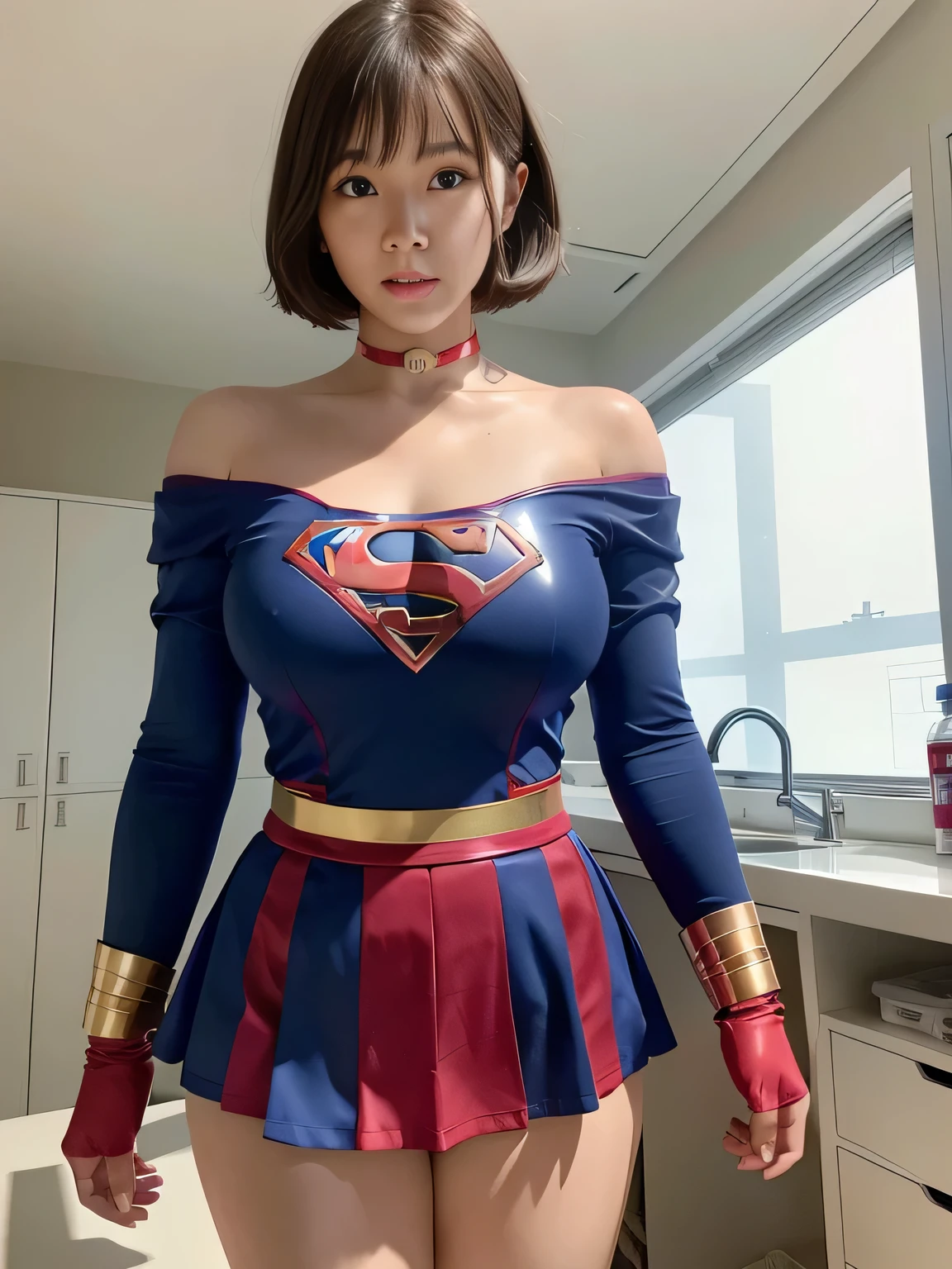 masterpiece、Supergirl Costume、short hair、operating table、On my back、Lie in、Big and ample breasts、choker、Long sleeve、Red mini skirt、Looking at the camera、Research Room、Messy lab equipment、Inspection equipment、Medical equipment、Medical practice、Physical examination、latex、Gorgeous、Seductive pose、Off the shoulder、Model Body Type、