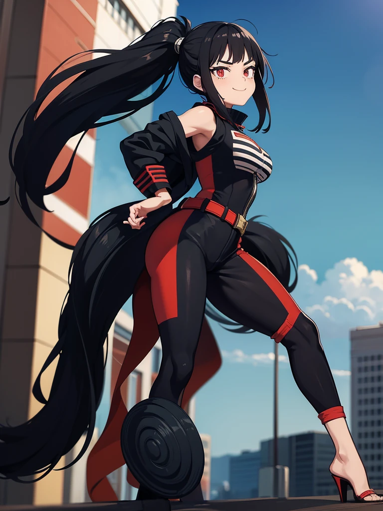 my hero academia anime general shot full body woman, natural skin, teenager, long straight black hair, styled in a high ponytail, her hair is arranged so that it covers half of her face, eyes one red and one black , slanted eyes, beautiful and attractive, tall, good body, smiling