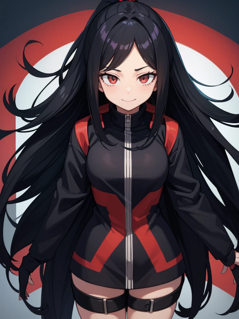 my hero academia anime general shot full body woman, natural skin, teenager, long straight black hair, styled in a high ponytail, her hair is arranged so that it covers half of her face, eyes one red and one black , slanted eyes, beautiful and attractive, tall, good body, smiling