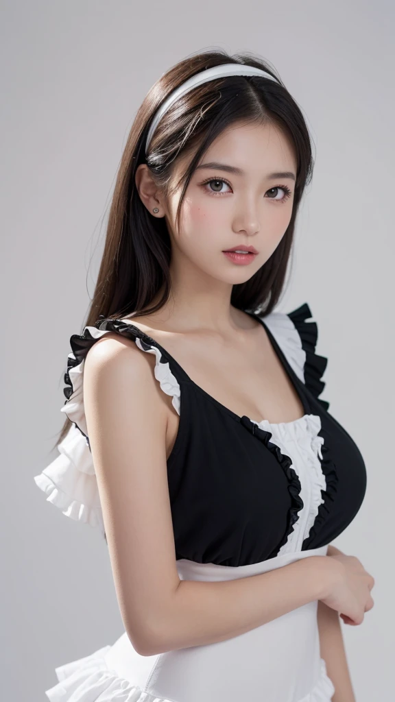 (((forehead、Northern Europe、White people、beautiful girl、Black Hair、White background、Frills、race)))、table top, highest quality, figure, super detailed, finely, High resolution, 8k wallpaper, Perfect dynamic composition, detailed and beautiful eyes, Deco out,bionde, medium hair, super big breasts, Natural color lip,white background, random cute poses,frill dress