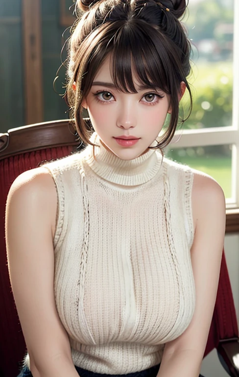 ( masterpiece, precise, Anatomically_correct, Texture_skin, excellent_detail, the best_quality, 1080P, HD, 4K, 8K, 16K), (beautiful_detailed_Eyes, beautiful_detailed_Lips, extremely_detailed_Eyes_and_Face), Soft_light, Physically based_Rendering, vivid_color, (Large target_breast:1.5), (short hair_thin braids_Bun hairstyle),  (shining_hair, shining_skin, Face红), (Bangs:1.5), Eye_reflection, (Bokeh), 微lol_and_lol, (sleeveless_turtleneck sweater_knitting:1.5) ,(sit on the chair,Spread your legs,Look at pubic hair),