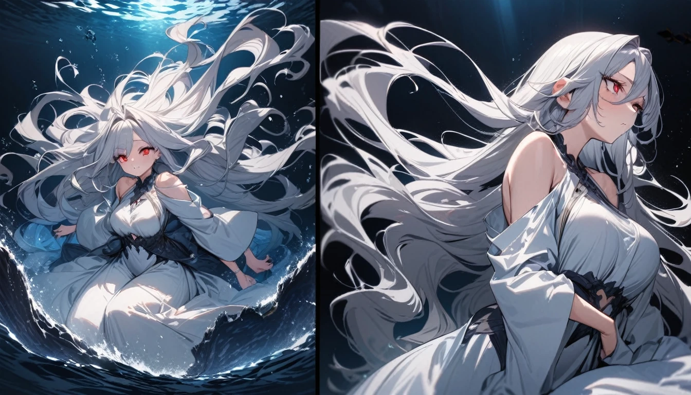 (Deep sea diving style), (biggest Deep Sea Creatures) and (one girl), (10 yo silverhair long hair alluring girl, detailed red eyes), in a white robe, (Drifting in the deep sea), break, (in the deep sea, background a abyss), BREAK, perfect anatomy, masterpiece, best quality, 16k, beautiful detailed deep abyss, daydreaming expression