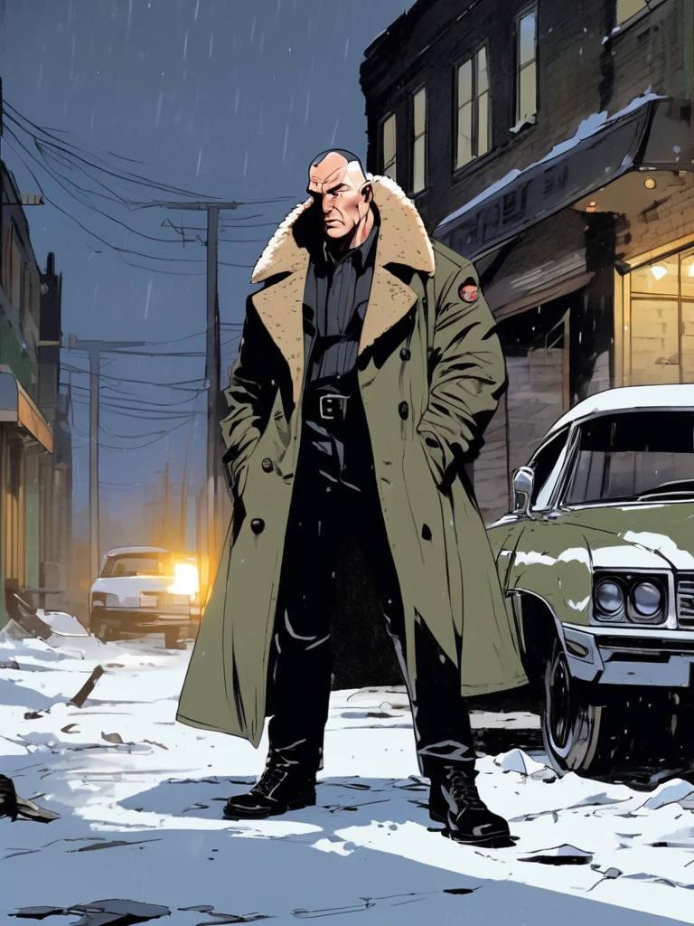 score_9, score_8_up, old muscular man, detailed face, buzz cut, black leather trenchcoat with fur collar, (olive pants:1.2), vertical stripe shirt, black combat boots, (at night:1.5), abandoned interior background, snow on the ground, sharp shadows