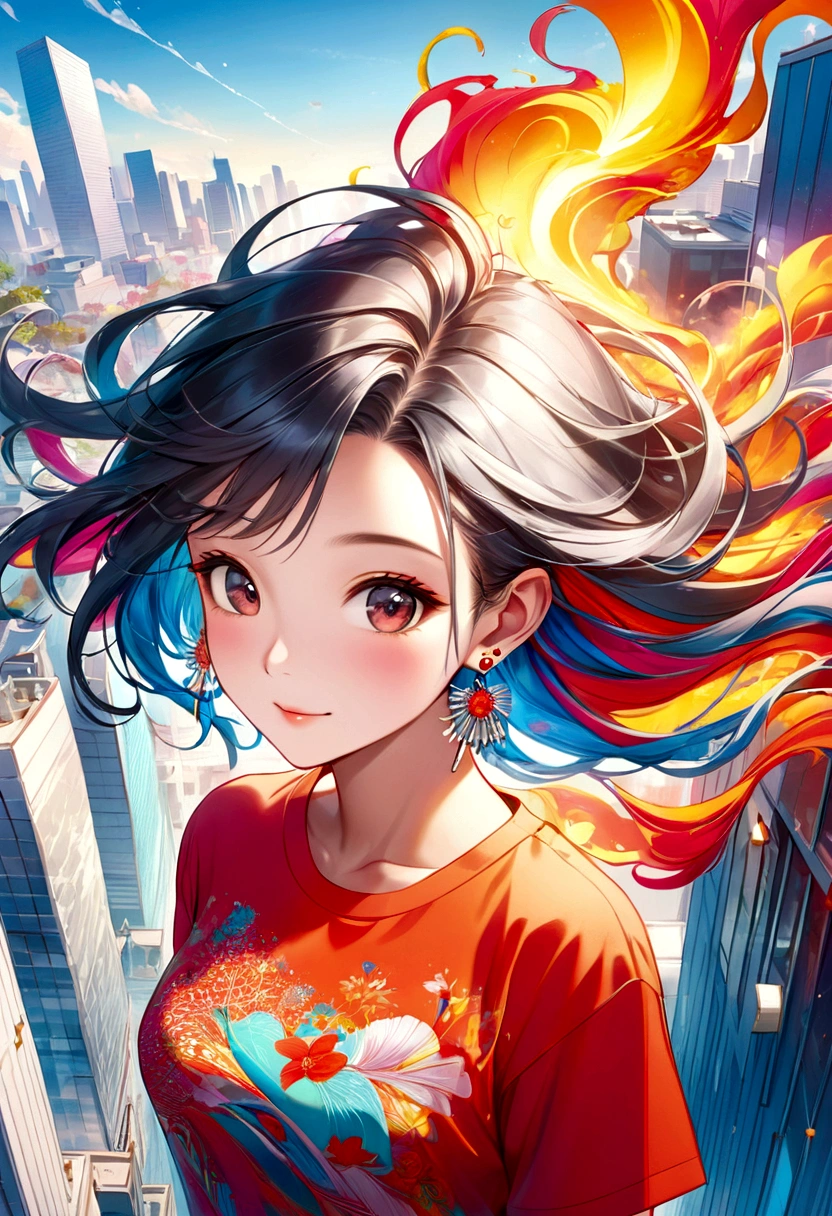 A stunning top-down illustration captures the essence of happiness as a beautiful Asian woman, radiating joy. She dons a vibrant, patterned colorful t-shirt and sparkling silver earrings, her hair flowing down her shoulders. The background showcases a vivid, urban landscape with modern architecture, set against a fiery red hue. The entire piece exudes energy and charm, masterfully rendered in a detailed 3D style, blending fashion, vibrant colors, and conceptual art elements., 3d render, conceptual art, fashion, vibrant, illustration