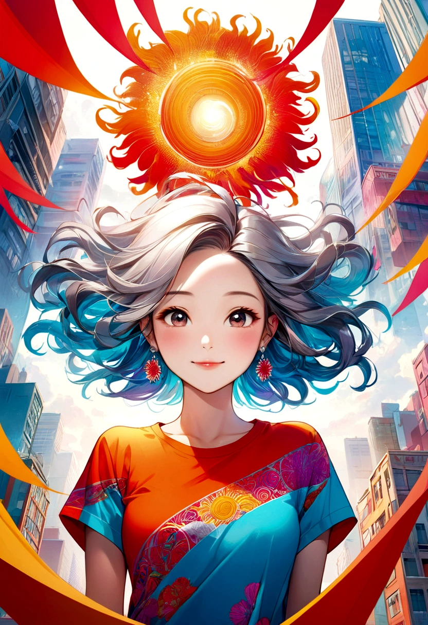 A stunning top-down illustration captures the essence of happiness as a beautiful Asian woman, radiating joy. She dons a vibrant, patterned colorful t-shirt and sparkling silver earrings, her hair flowing down her shoulders. The background showcases a vivid, urban landscape with modern architecture, set against a fiery red hue. The entire piece exudes energy and charm, masterfully rendered in a detailed 3D style, blending fashion, vibrant colors, and conceptual art elements., 3d render, conceptual art, fashion, vibrant, illustration
