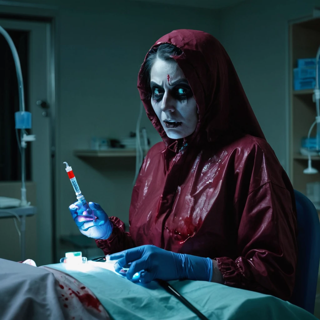 A ghoulish woman on a night inserting a glowing syringe into a blood bag in the hospital