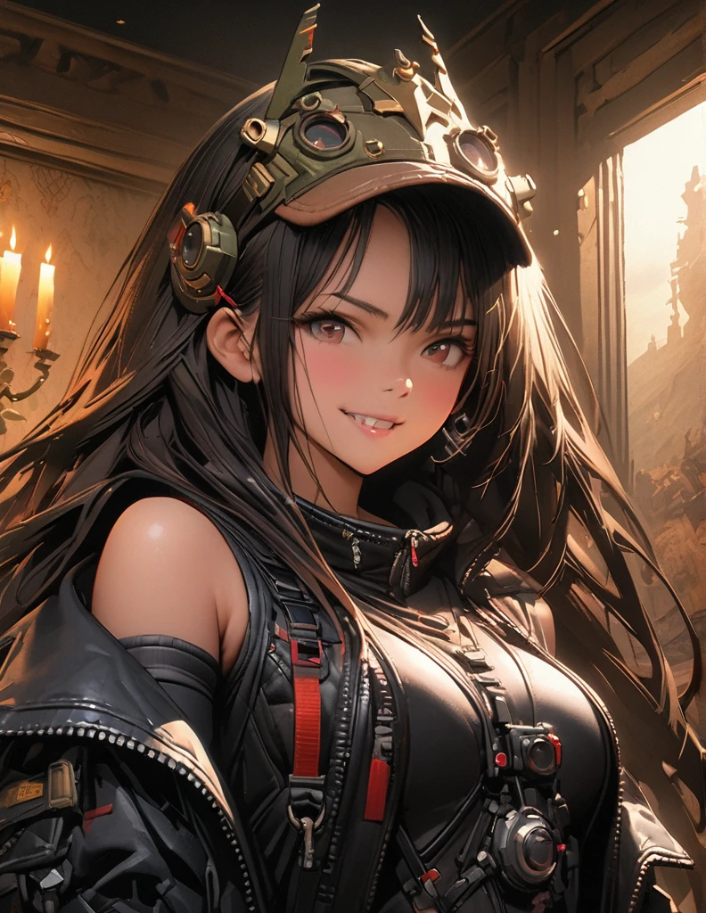 quality(8k wallpaper of extremely detailed CG unit, masterpiece, hight resolution, top-quality, top-quality ,hyper realisitic, digitial painting,increase the resolution,RAW photos,best qualtiy,highly detailed,the wallpaper),BREAK,8K, vampire girl, Techwear, ancient room, candles