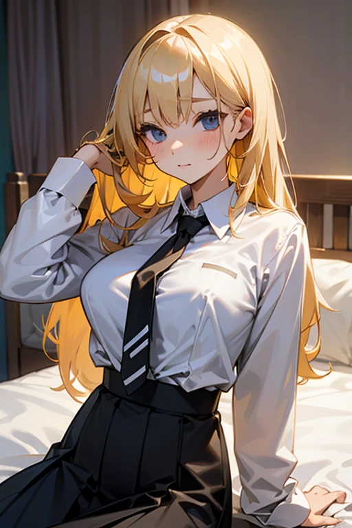 In the bed、Blonde medium-long hair、beautiful girl、Big Breasts、high school girl、shirt、White Shirt、tie、sleeves roll up、damaged fashion、slender