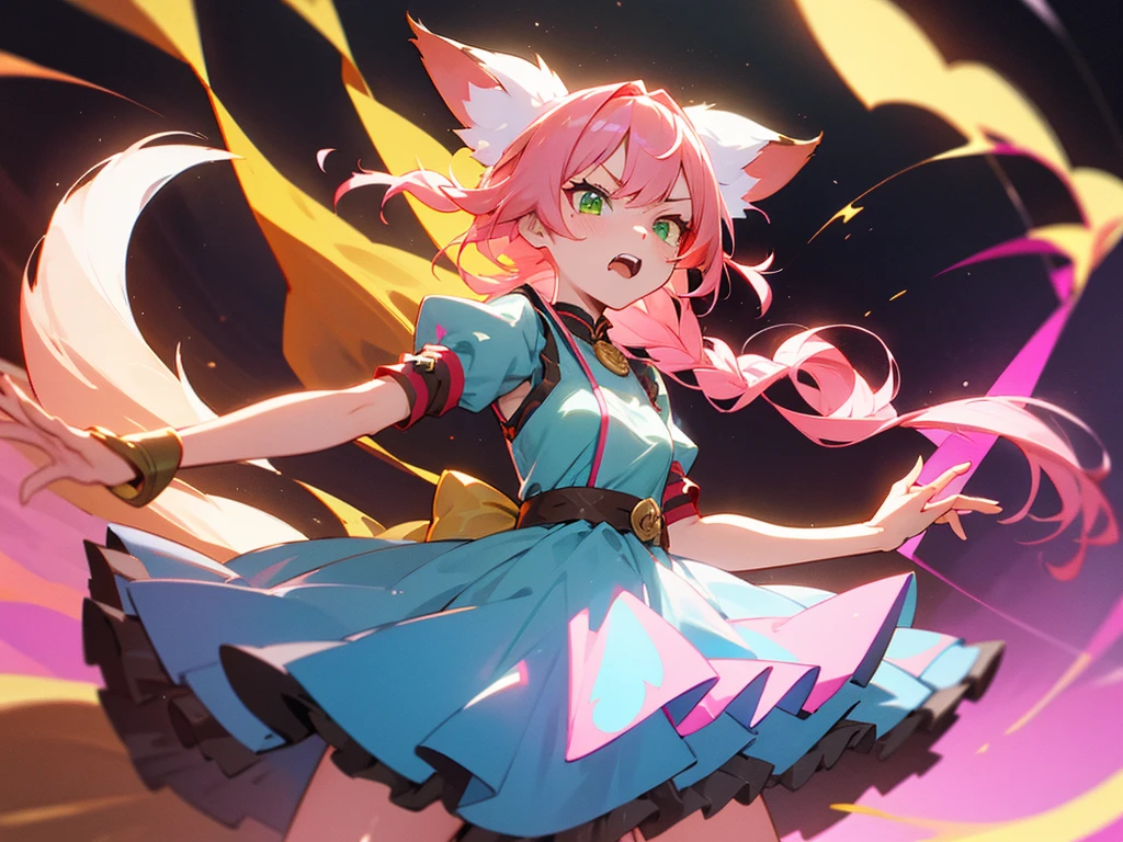 kitsune idol in a tavern, foxgirl, fox ears, fox tails, pink hair, green eyes, light blue idol dress, tavern background, high quality, masterpiece, angry face