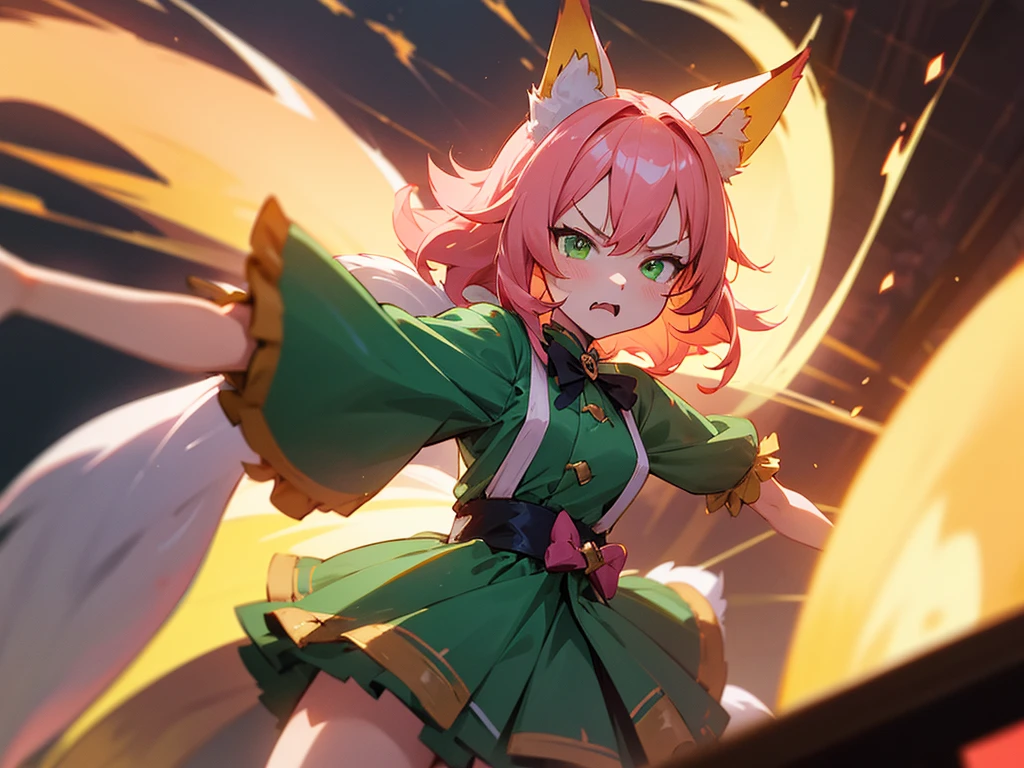 kitsune idol in a tavern, foxgirl, fox ears, fox tails, pink hair, green eyes, light blue idol dress, tavern background, high quality, masterpiece, angry face