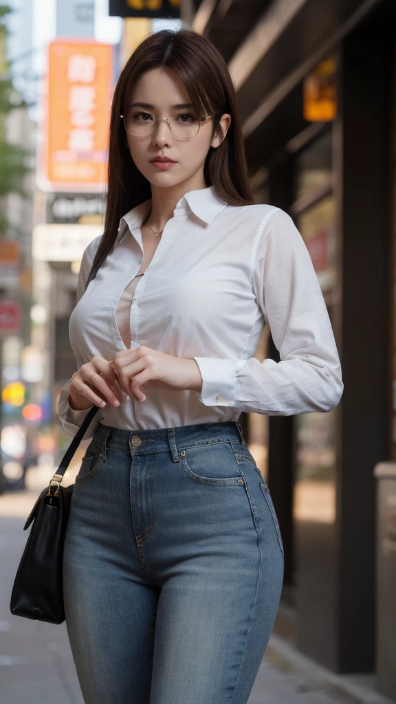 beautiful lawyer (best quality,masterpiece:1.2), perfect figure, with glasses, ultra clear, ultra detailed, depth of field, brown hair, charismatic, 36 years old，jeans