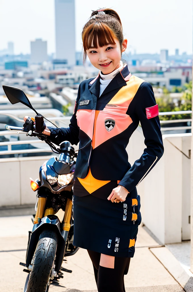 Glowing Korean beauty with cybernetic arm,(Transparent and revealing clothing:1.3, ),(Cyber Girl is、Ride your green Kawasaki Ninja 250 motorbike through a futuristic city:1.3),mini skirtを履いてバイクに跨り白いパンティが見えてます、Kawasaki Ninja 250、Showing her white panties.、 (Ultra mini skirt:1.3)、Shiny light brown and orange striped ponytail hair,Cute Smile,Perfect round face,A bright smile that makes everyone happy,Proper body balance,Tabletop,Ultra-high quality output images,High resolution,Intricate details,Very delicate and beautiful hair,Realistic photos,dream-like,Professional Lighting,Realistic Shadows,Focus Only,Beautiful Hands,Beautiful fingers,Detailed functions of the fingers,Detailed characteristics of the garment,Detailed characteristics of hair,Detailed facial features,