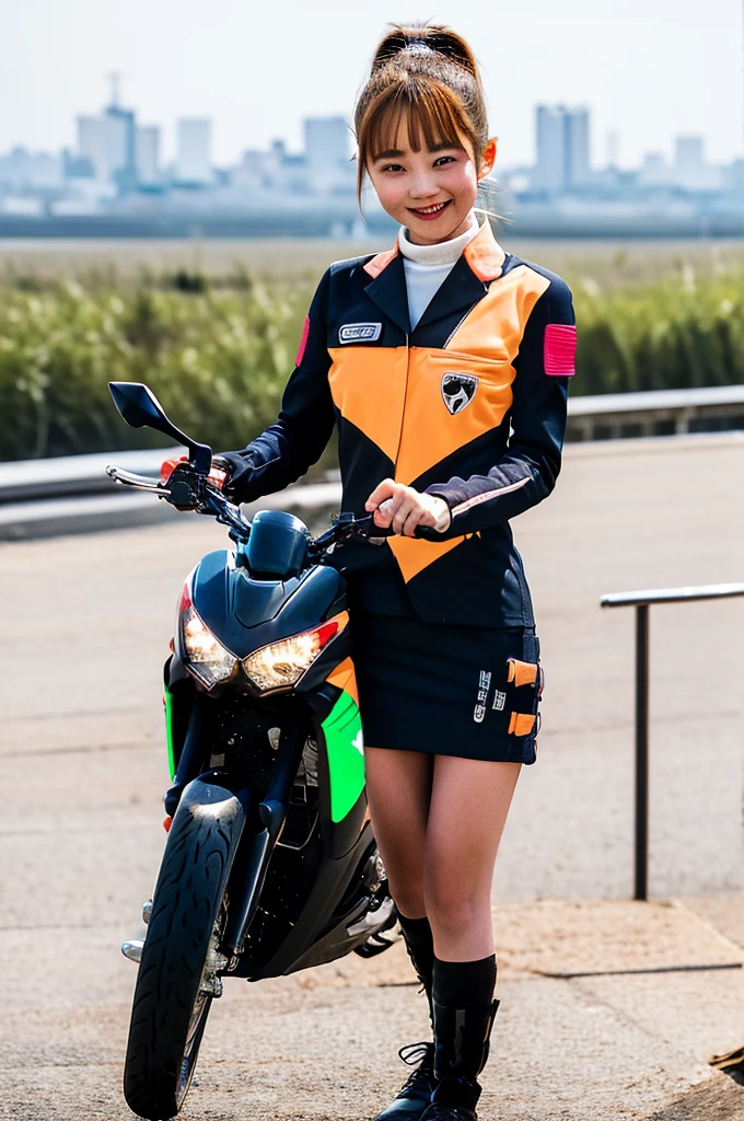 Glowing Korean beauty with cybernetic arm,(Transparent and revealing clothing:1.3, ),(Cyber Girl is、Ride your green Kawasaki Ninja 250 motorbike through a futuristic city:1.3),mini skirtを履いてバイクに跨り白いパンティが見えてます、Kawasaki Ninja 250、Showing her white panties.、 (Ultra mini skirt:1.3)、Shiny light brown and orange striped ponytail hair,Cute Smile,Perfect round face,A bright smile that makes everyone happy,Proper body balance,Tabletop,Ultra-high quality output images,High resolution,Intricate details,Very delicate and beautiful hair,Realistic photos,dream-like,Professional Lighting,Realistic Shadows,Focus Only,Beautiful Hands,Beautiful fingers,Detailed functions of the fingers,Detailed characteristics of the garment,Detailed characteristics of hair,Detailed facial features,