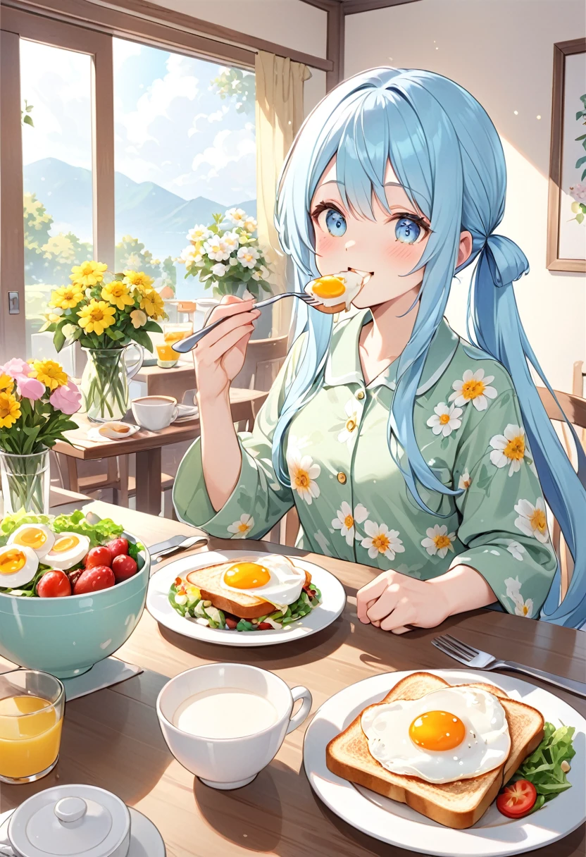 Light blue long hair、Twin-tailed Girl、Green pajamas with floral print、Eating breakfast in a sunny dining room、toast、Fried egg、salad、Delicious face、milk、The table is decorated with lots of margaret flowers.。