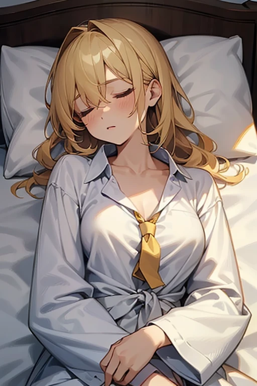 a beautiful blonde haired girl sleeping in a bed, wearing a white shirt with the sleeves rolled up, tie loosened, torn clothes, slender figure, beautiful collarbone