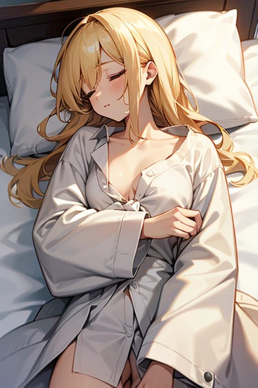 a beautiful blonde haired girl sleeping in a bed, wearing a white shirt with the sleeves rolled up, tie loosened, torn clothes, slender figure, beautiful collarbone