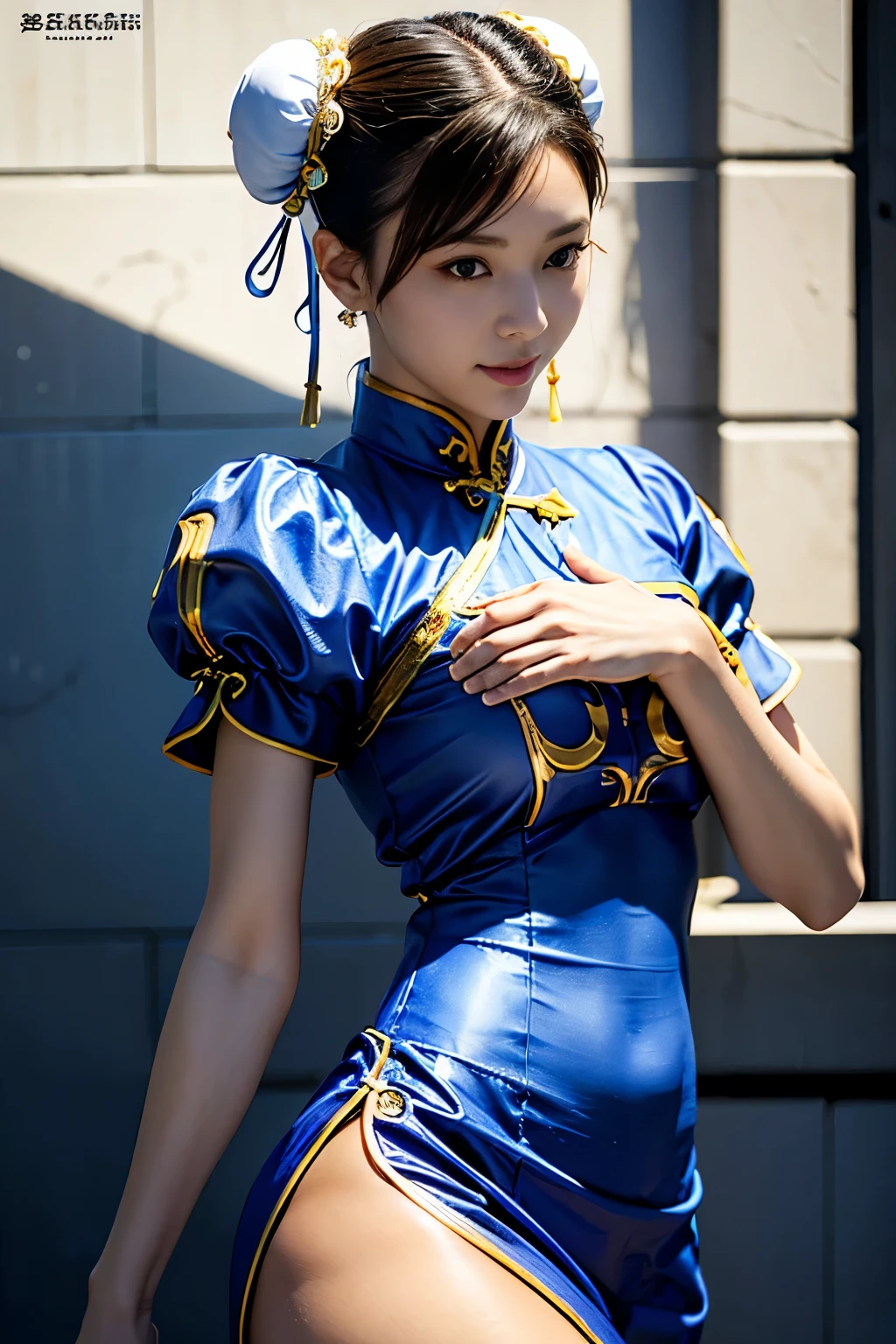 《Street Fight II》Chun-Li,Perfect Chun-Li Costume,Blue and gold thread cheongsam,Bun head,Good cover,Fighting Stance,High Kick,Kick、Lift your legs,masterpiece、1 beautiful girl、beautiful eyes、Puffy eyes、best quality, 超high resolution, (Reality: 1.4), light、Super beautiful、Beautiful skin、turn body forward、(Ultra-realistic)、(high resolution)、(8K)、(Very detailed)、(Beautiful eyes)、(Super detailed)、 (wall-)、Delicate face、Bright Light、Professional lighting、Looking at the audience、Direct vision、Tilted stone sculpture, best quality, masterpiece, best quality, Perfect face, Perfect brown eyes and white sclera, Bad Move - 5, Solitary, 1 girl, Upper Body, brown hair, From SF2, Chinese service, Smile, muscular woman, Blue clothes, Pantyhose, Pelvic Curtain, Full short sleeves, Good cover, sash, Evaluate,kick up.