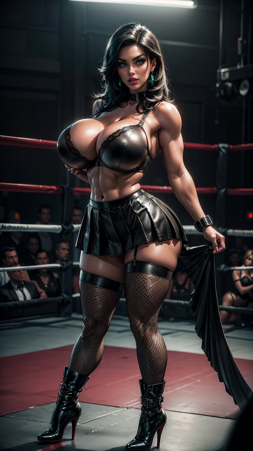 (best quality,highres:1.2), (ultra-detailed), (realistic:1.37), (HDR,UHD), (physically-based rendering), (busty mature muscular Denise Milani), beautiful supermodel face, ((black leather pleated skirt:1.3)), ((black leather bra:1.3)), ((short stiletto-heeled combat boots)), (short, straight jet-black hair:1.3), ((firm breasts, deep cleavage, perfectly round breasts)), ((slim waist, hourglass figure:1.2)), ((thicc:1.4)), ((large calves:1.5)), ((beautiful large green eyes):1.3), (intimidating pose in a boxing ring), (full-body portrait), (vivid colors), (fishnet stockings, thighhigh fishnet stockings:1.3), (hot red lips, makeup:1.3), sexy fighter, prominent breasts, rock solid breasts, (full body portrait:1.3), big_boltedontits, boltedontits, th3p1t, sakimichan,