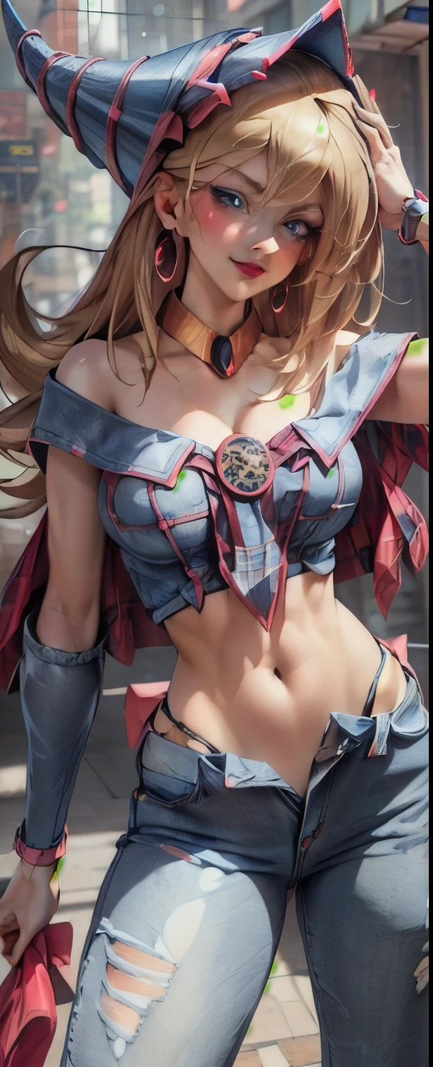 Masterpiece, Best Quality, realist, 1 girl dark magician gils, blond hair, blue eyes. Red lips. earrings. collar, plaid blouse open for her big tits, skinny and open jeans. shows underwear. sexy and daring pose. The jeans are open and the thong shows.