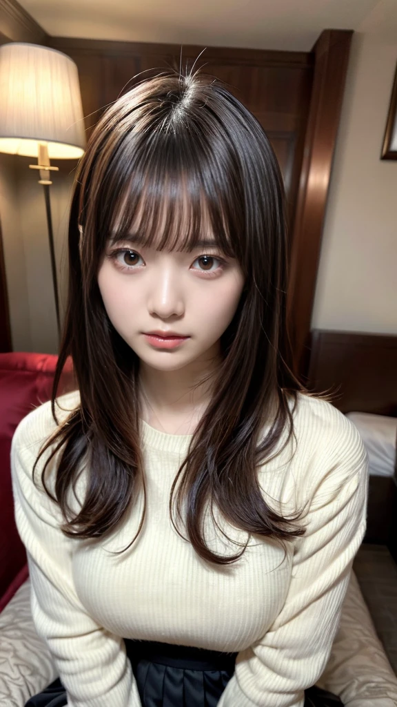 masterpiece, best quality, illustration, Super detailed, fine details, High resolution, 8K,wall paper, perfect dynamic composition,(Details High quality, realistic depiction of eyes:1.3), Long sleeve shirt、Hair length、A fluffy white sweater, hotel room, black hair color, Big Natural Color Lip, sexy pose, crying a little、Harajuku style、20 year old girl、cute type、lolita, hposing Gravure Idol, full body photo, huge breasts