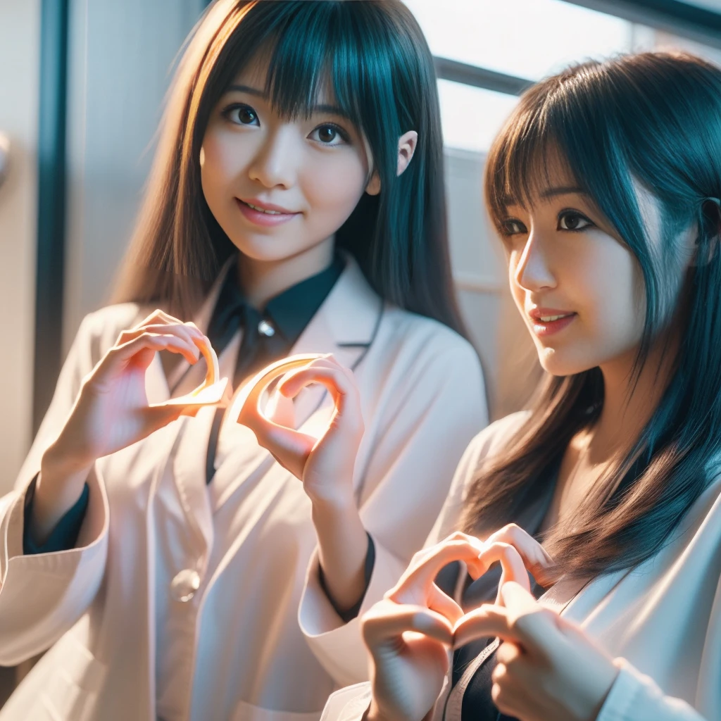 Beautiful Japanese female doctor wearing (white labcoat) and teal scrubs making (heart hands duo:1.47) gesture with cute Japanese female nurse wearing pink nurse uniform , beautiful detailed face, Japanese woman, pale skin, realistic skin, detailed cloth texture, detailed hair texture, Perfect proportion, Beautiful Face, accurate, Anatomically correct, Highly detailed face and skin texture